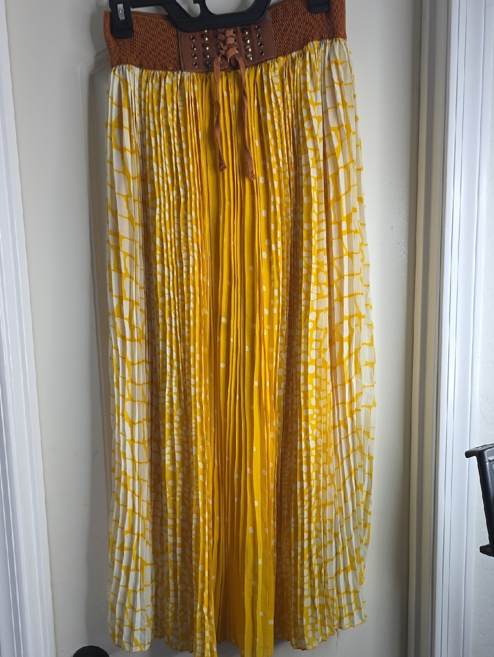 Magic Yellow Pleated Maxi Skirt with Brown Waistband